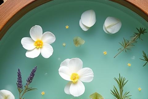 Floating petals and herbs in water for a herbal bath, suggesting detoxification and rejuvenation