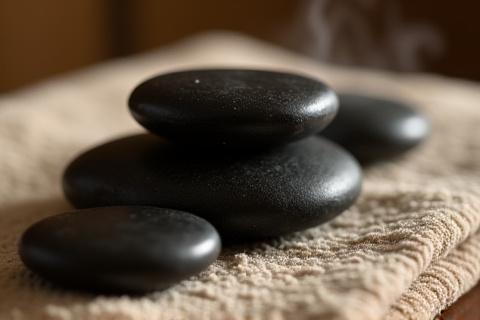 Smooth, dark basalt stones used for hot stone massage, conveying deep relaxation