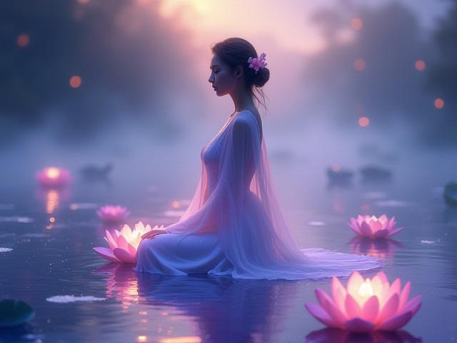 Artistic illustration of a serene goddess figure amidst ethereal botanical elements and flowing water